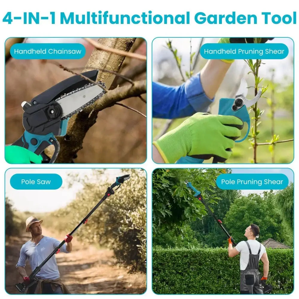 Blue and black 4-in-1 cordless brushless pole saw and pruning shear kit with handheld chainsaw and multifunctional tools