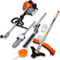 Orange and black gasoline-powered 4-in-1 multi tool garden trimmer with interchangeable attachments for trimming and saw tasks