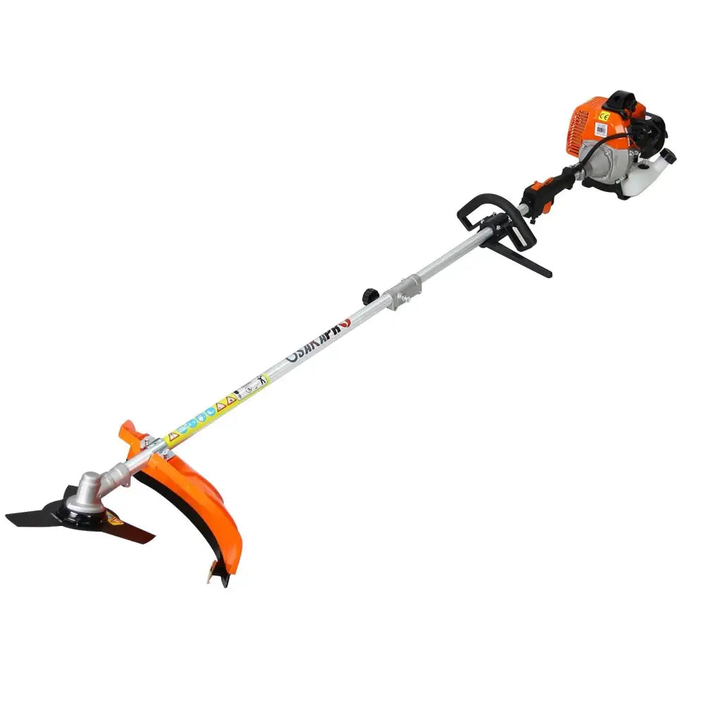 Orange and black gas powered brush cutter with silver shaft and ergonomic handle for garden trimming and pole sawing