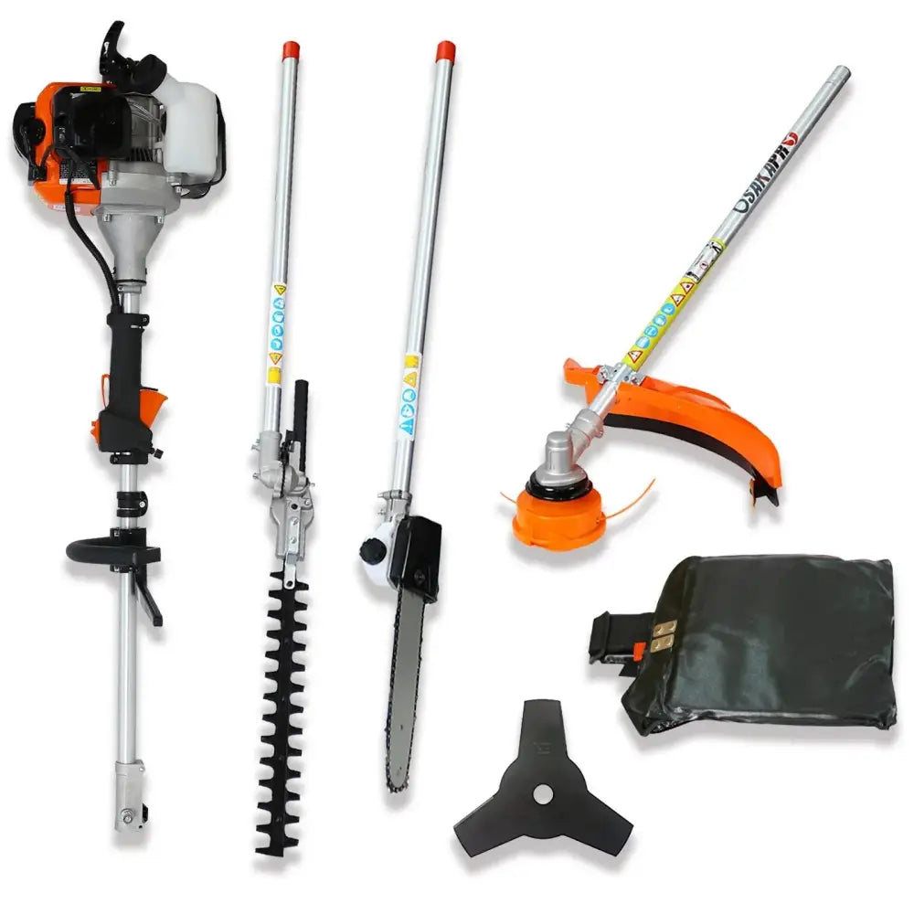 Orange and black gas powered 4-in-1 multi tool with interchangeable attachments for garden trimming and pole sawing