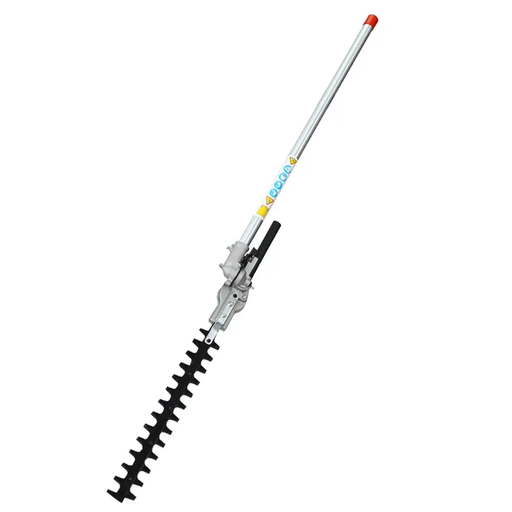 Silver and black metal hedge trimmer attachment with long slender shaft and orange tip for 4-in-1 gas powered garden tool