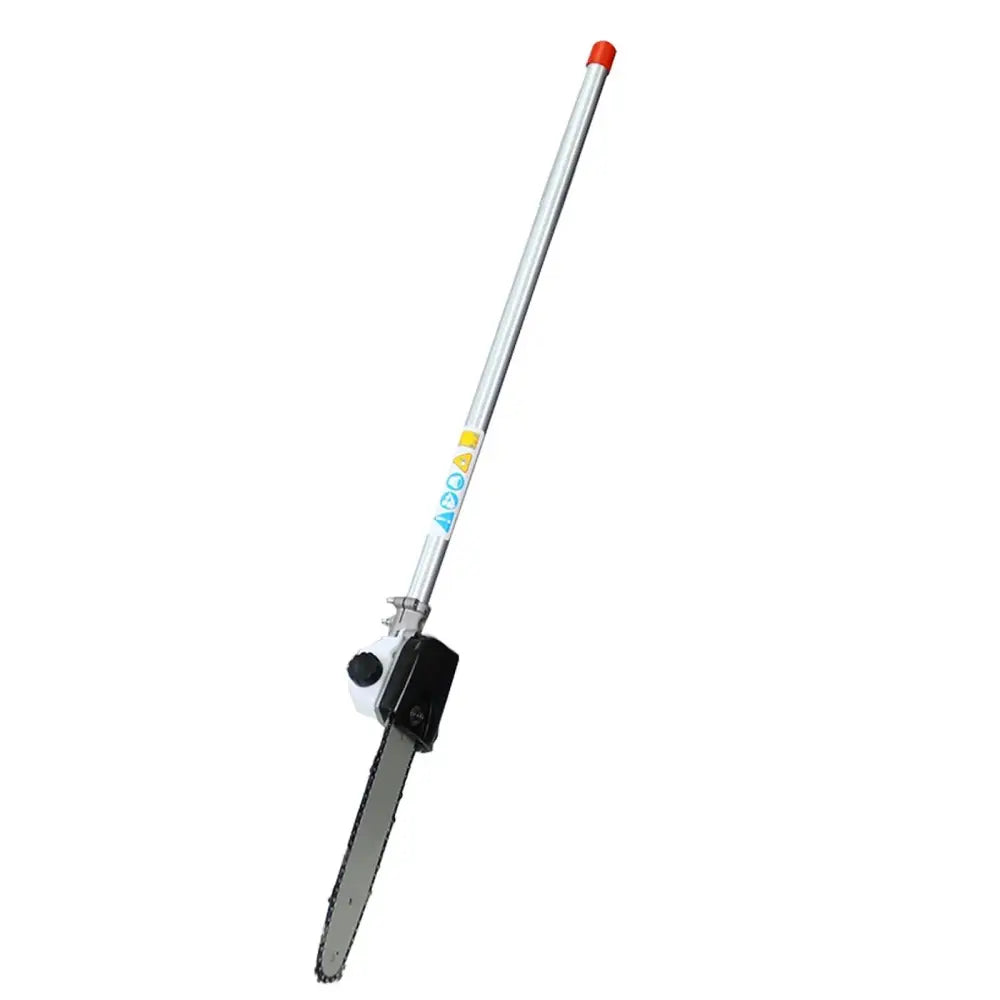 Silver metal pole saw with black handle and red tip in 4-in-1 gas powered multi tool garden trimmer and pole saw
