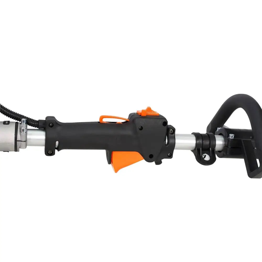 Black and orange handheld grass trimmer with silver metal shaft for 4-in-1 gas powered multi tool garden use