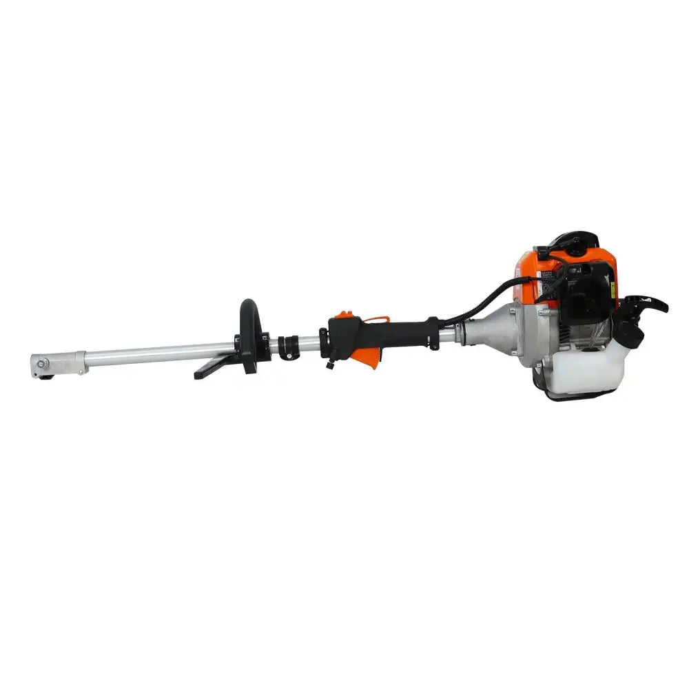 Orange and black gas powered 4-in-1 garden trimmer and pole saw with silver metal shaft for versatile outdoor use