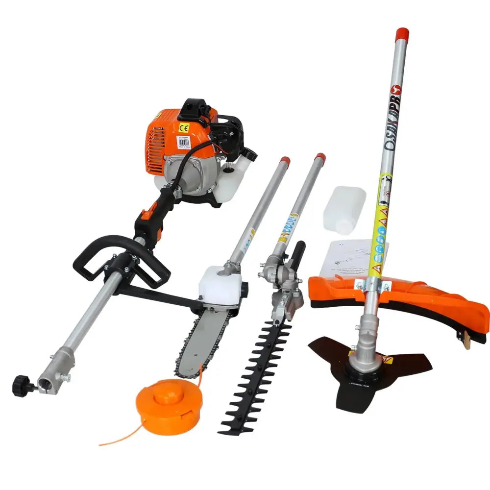Orange and silver osmar 4-in-1 gas powered multi tool garden trimmer kit with various attachments for landscaping