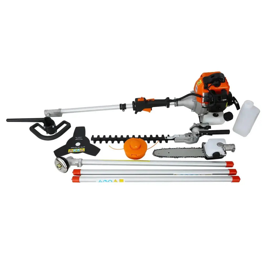 Orange and black gasoline powered 4-in-1 multi tool garden trimmer with interchangeable hedge cutter chainsaw blade and pruners