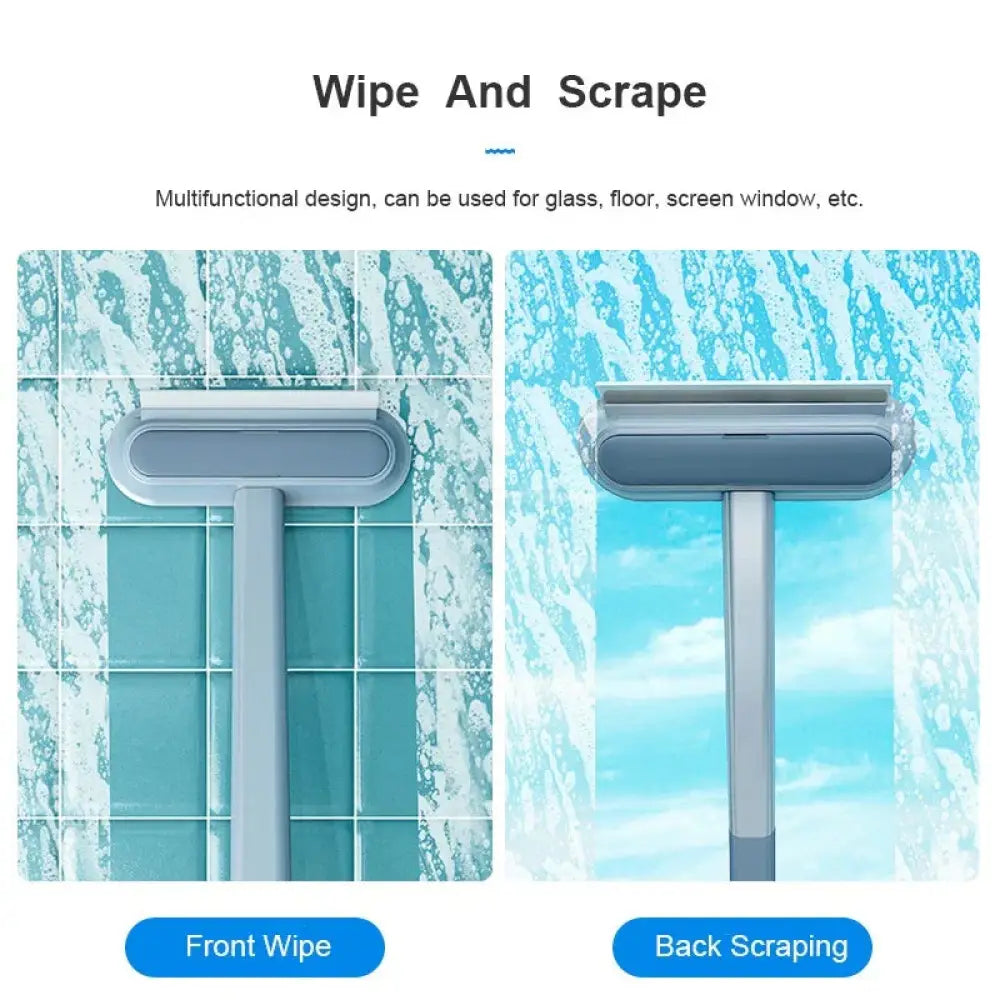 Gray plastic squeegee with long handle for wiping and scraping surfaces in 4-in-1 pet hair and screen cleaning brush