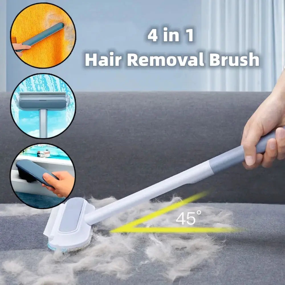White and gray 4-in-1 multi-surface pet hair and screen cleaning brush with flexible head for versatile use