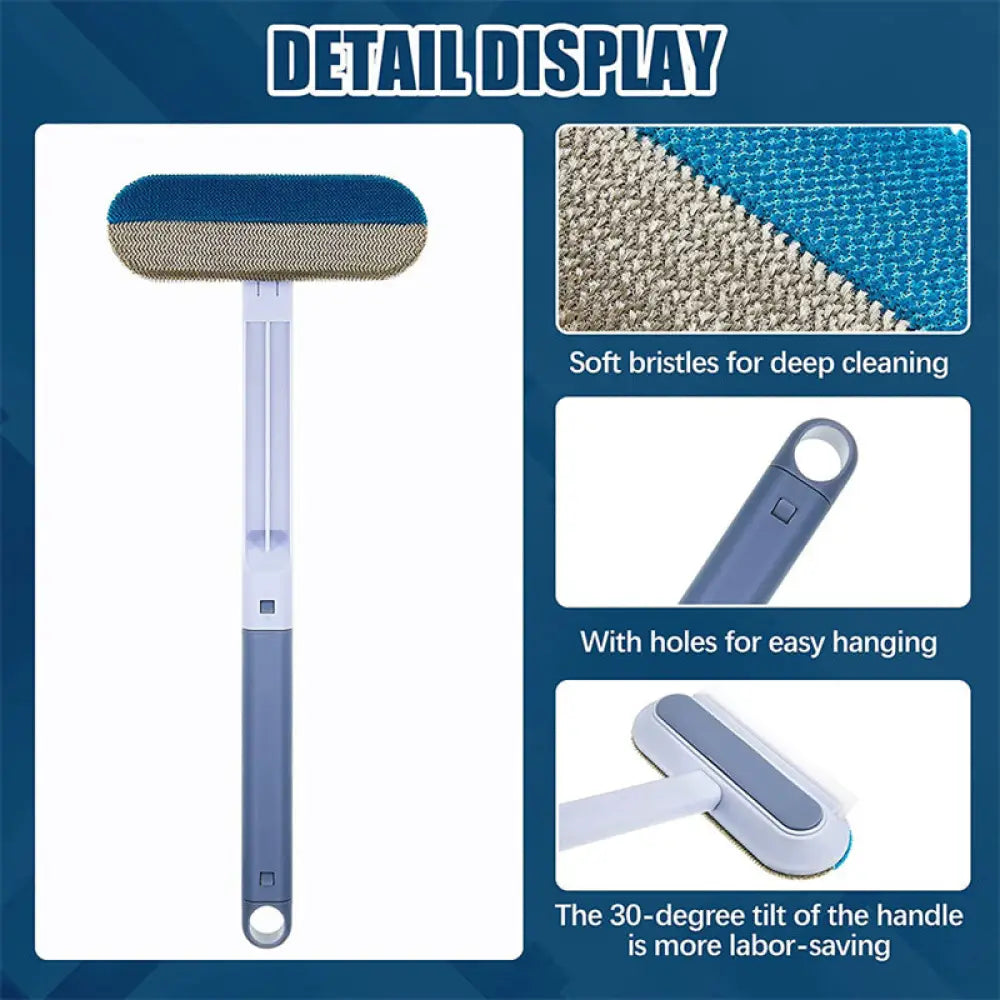 4-in-1 multi-surface pet hair and screen cleaning brush with blue and beige dual-sided bristles and gray handle for deep cleaning