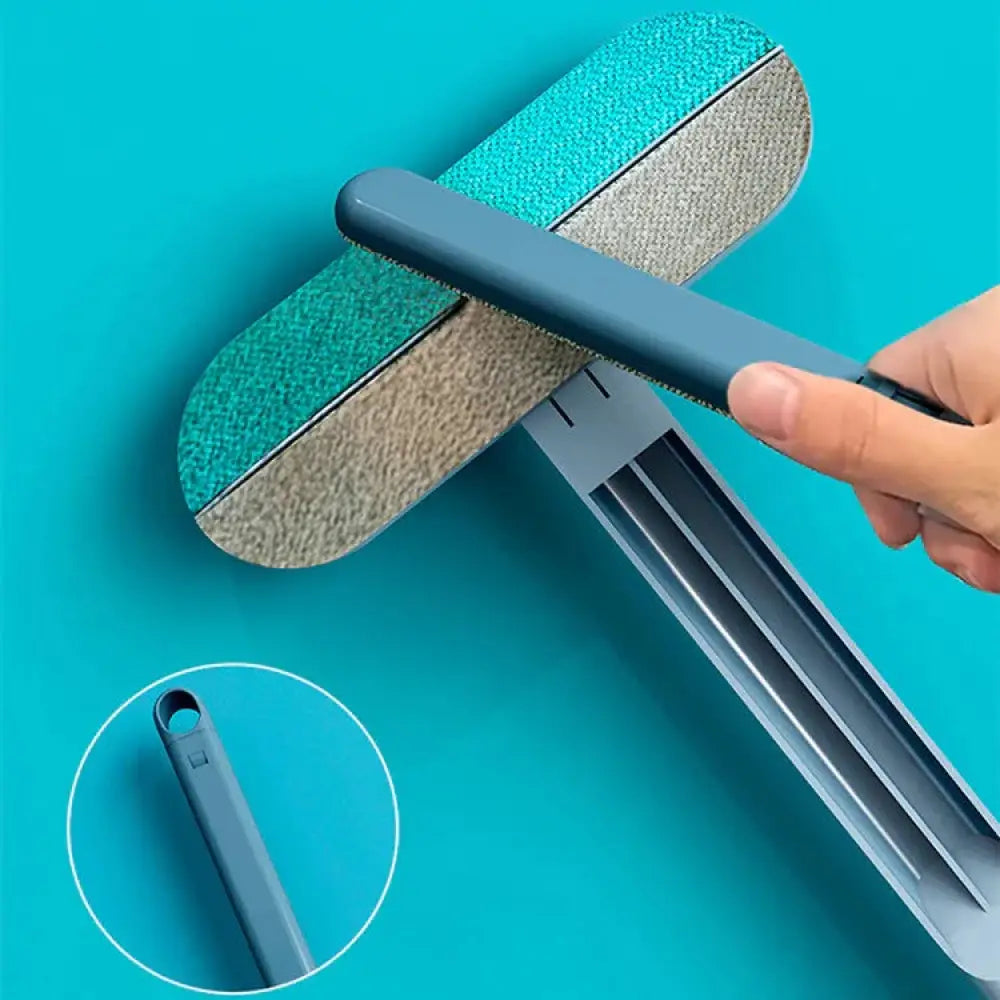4-in-1 multi-surface pet hair cleaning brush with blue and gray dual-sided textured scrubbing surfaces