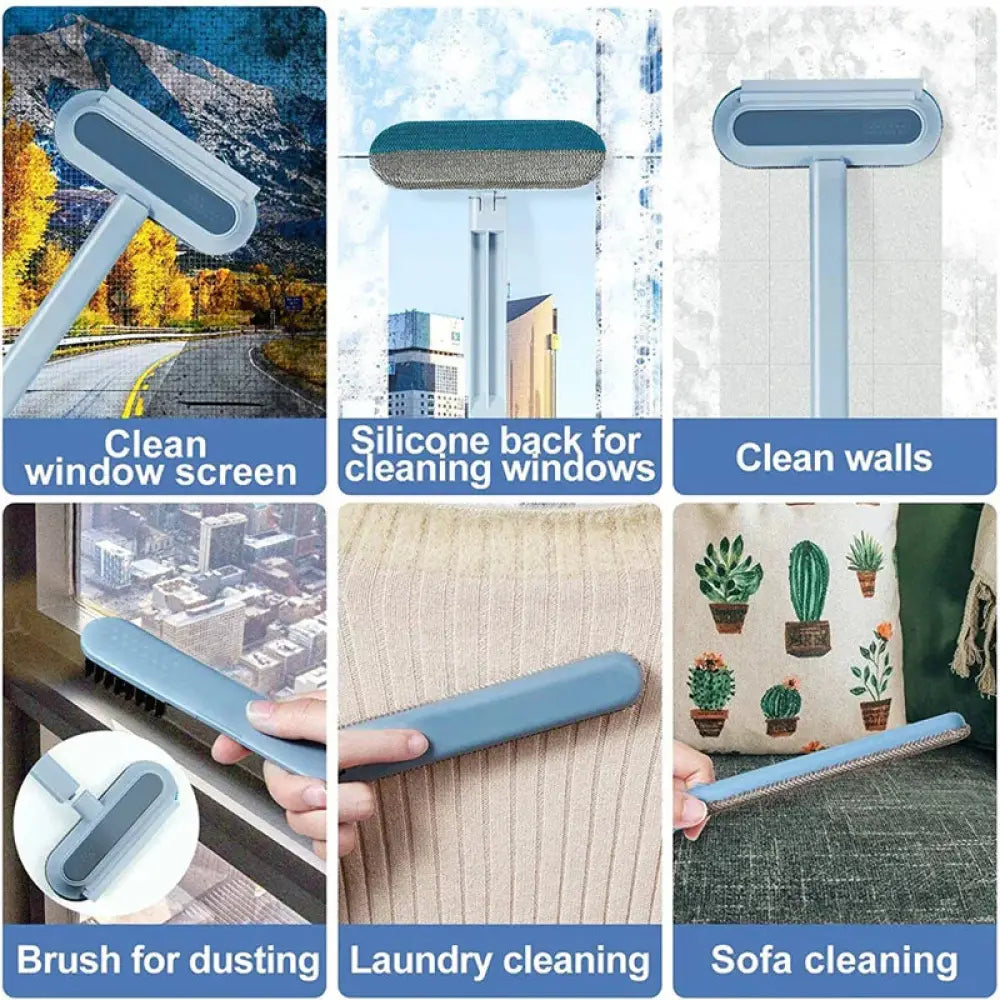 Light blue plastic-handled 4-in-1 multi-surface pet hair and screen cleaning brush with soft textured silicone head