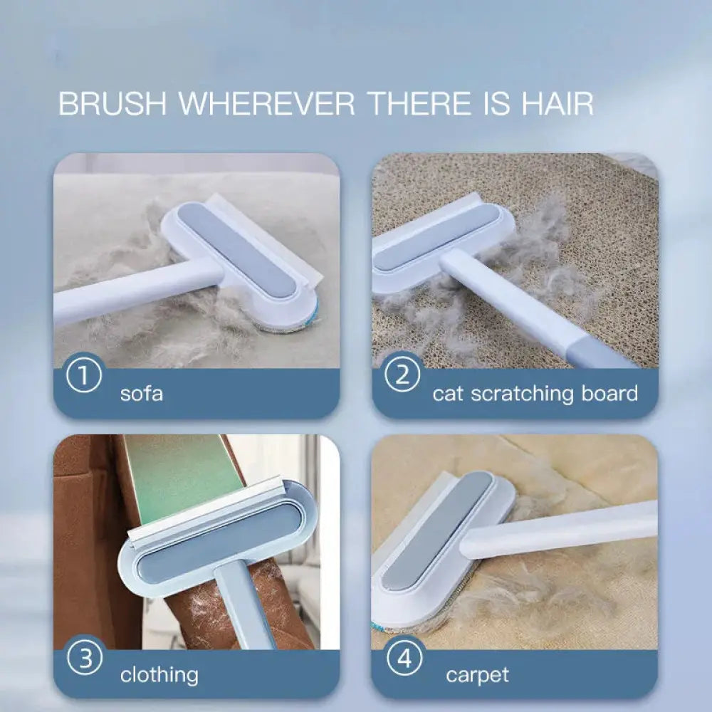 White and light blue 4-in-1 multi-surface pet hair and screen cleaning brush with sleek ergonomic handle