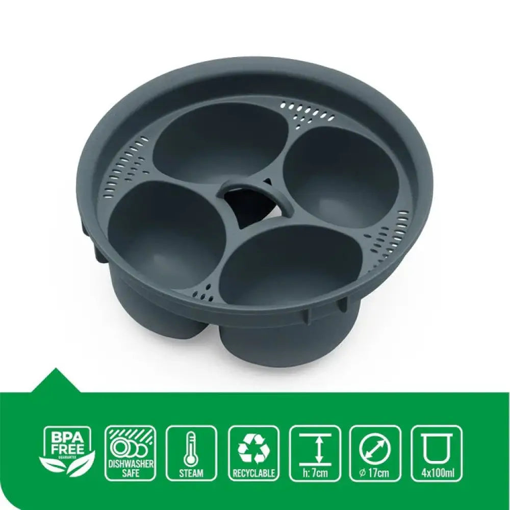 Dark gray silicone 4-in-1 egg poacher and steamer mold with four circular compartments and perforated sides