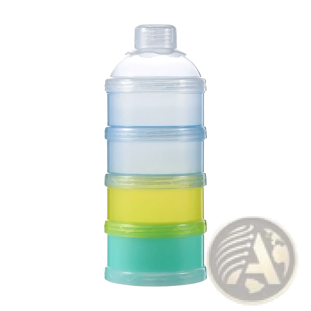 4 layer baby formula dispenser with stackable blue yellow green and teal translucent compartments and clear plastic lid