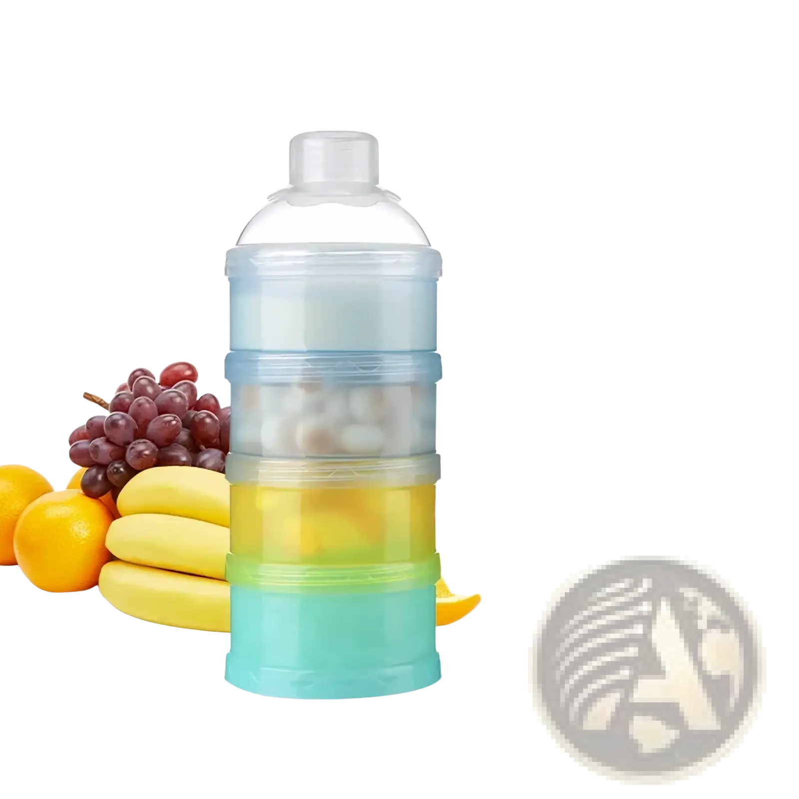 Multi-compartment translucent plastic 4 layer baby formula dispenser with colored sections for milk powder and snacks