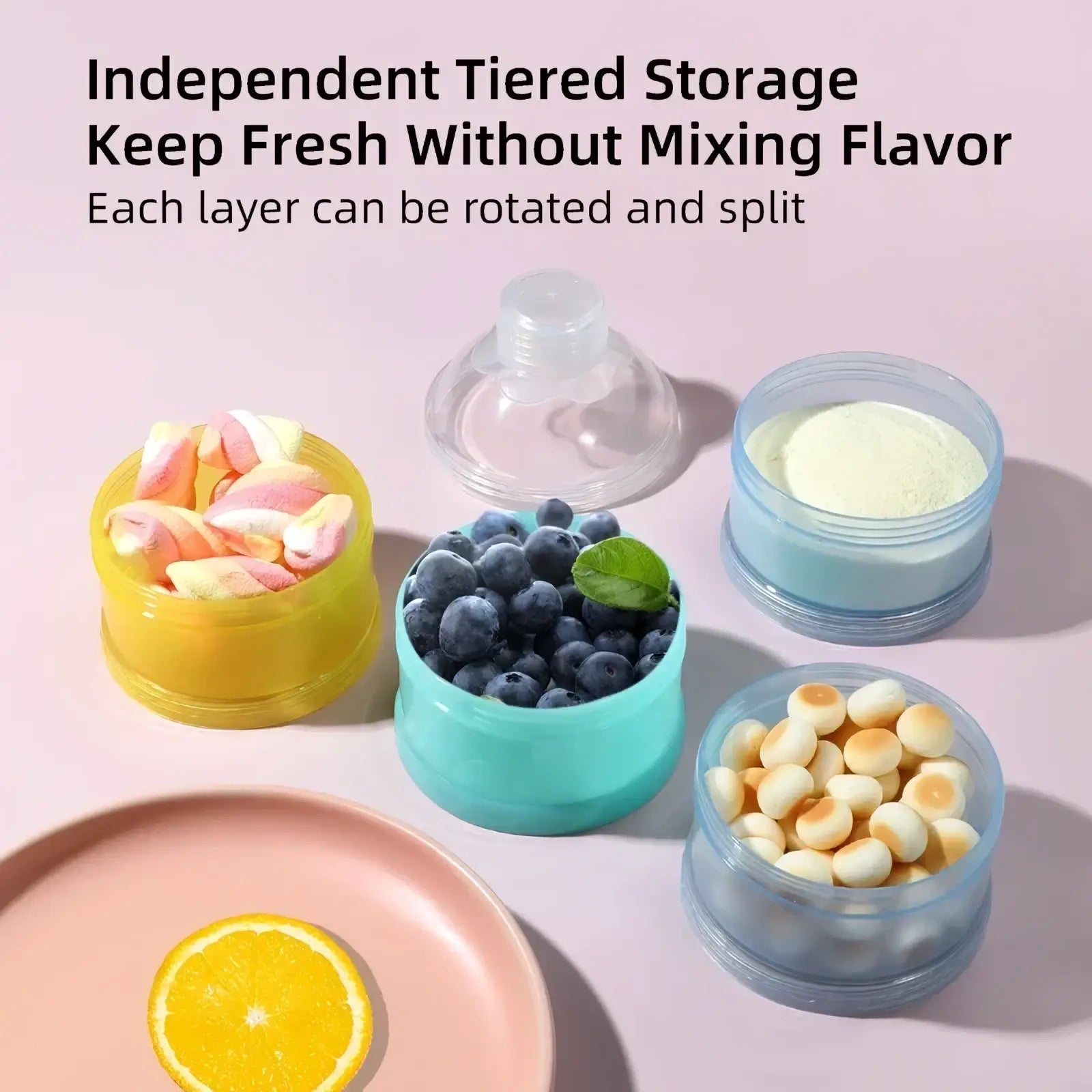 Multi-tiered transparent plastic 4 layer baby formula dispenser and snack container with yellow teal and blue lids