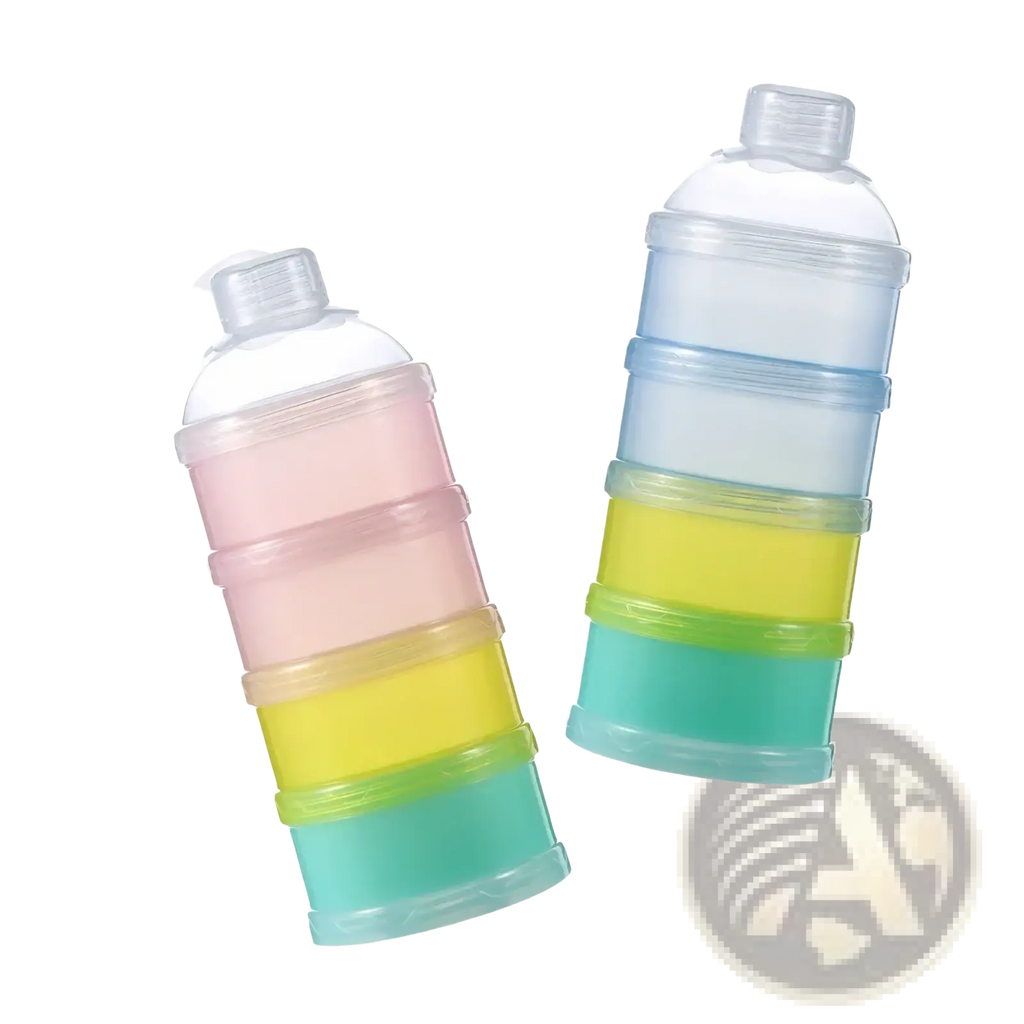 4 layer baby formula dispenser with stackable pastel pink yellow green and blue translucent storage containers and clear lids