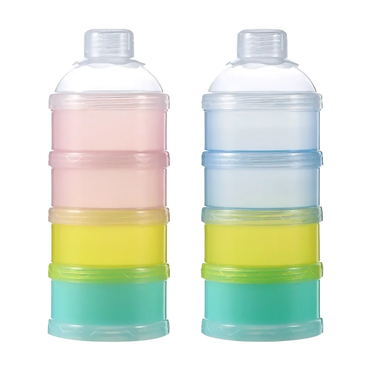 4 layer baby formula dispenser and snack container with pastel pink yellow teal stackable compartments and clear lids