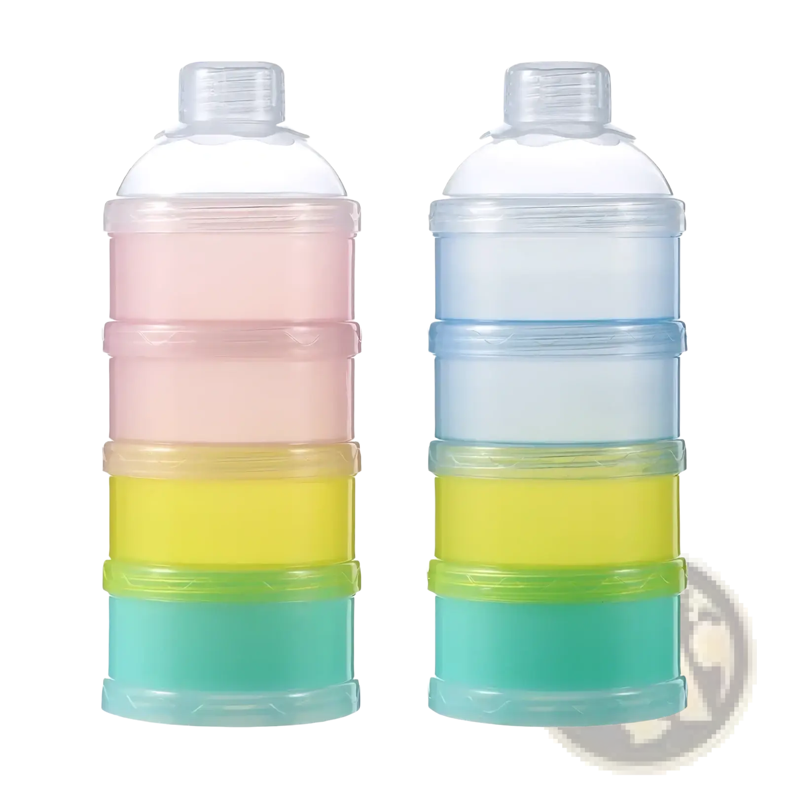 4 layer baby formula dispenser and snack container with pastel pink yellow teal stackable compartments and clear lids