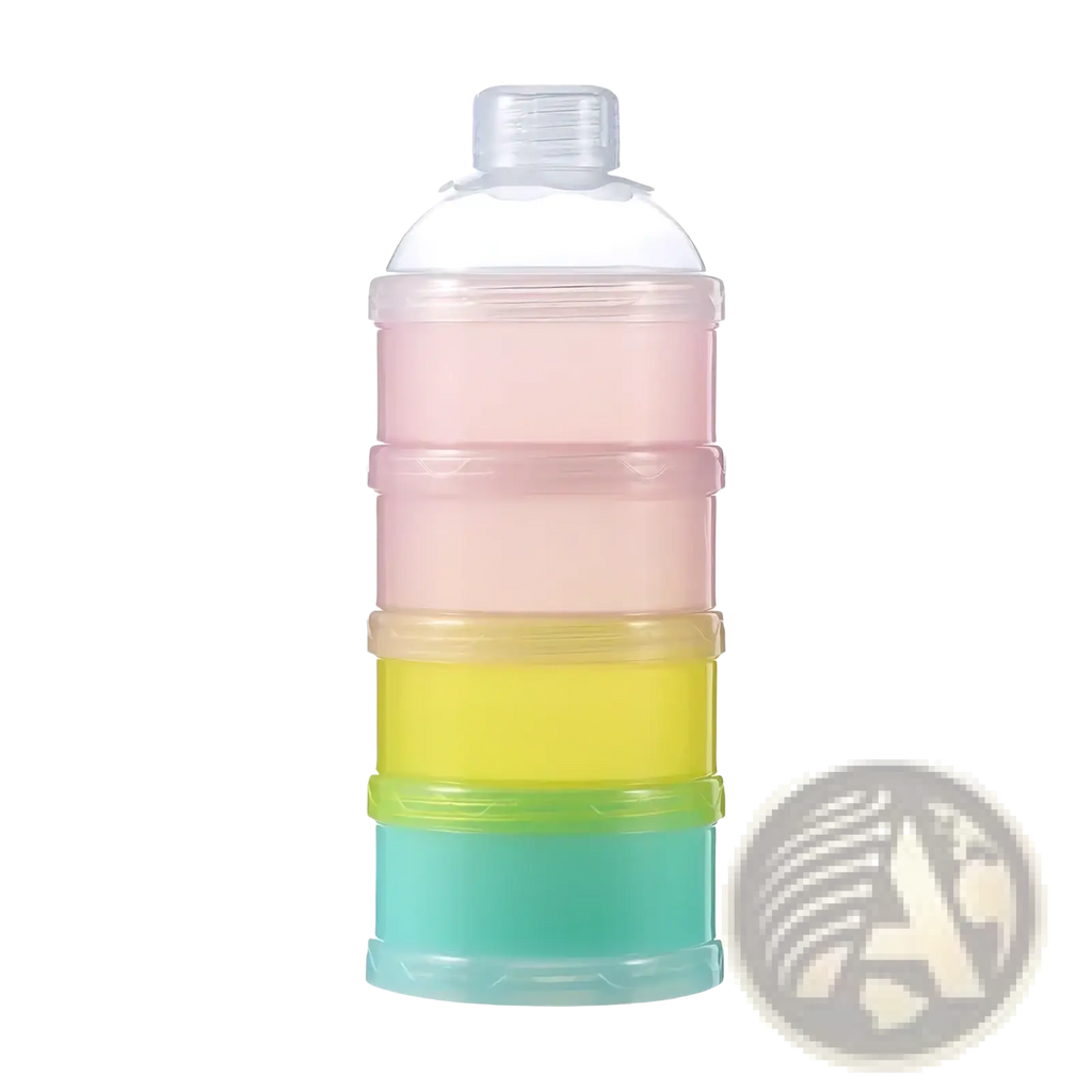4 layer baby formula dispenser and snack container with pastel pink, yellow, and teal translucent plastic tiers