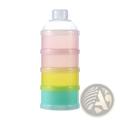 4 layer baby formula dispenser and snack container with pastel pink, yellow, and teal translucent plastic tiers