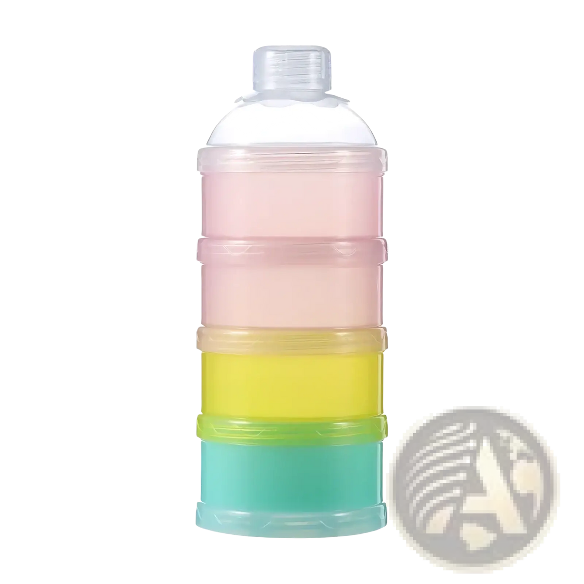 4 layer baby formula dispenser and snack container with pastel pink, yellow, and teal translucent plastic tiers
