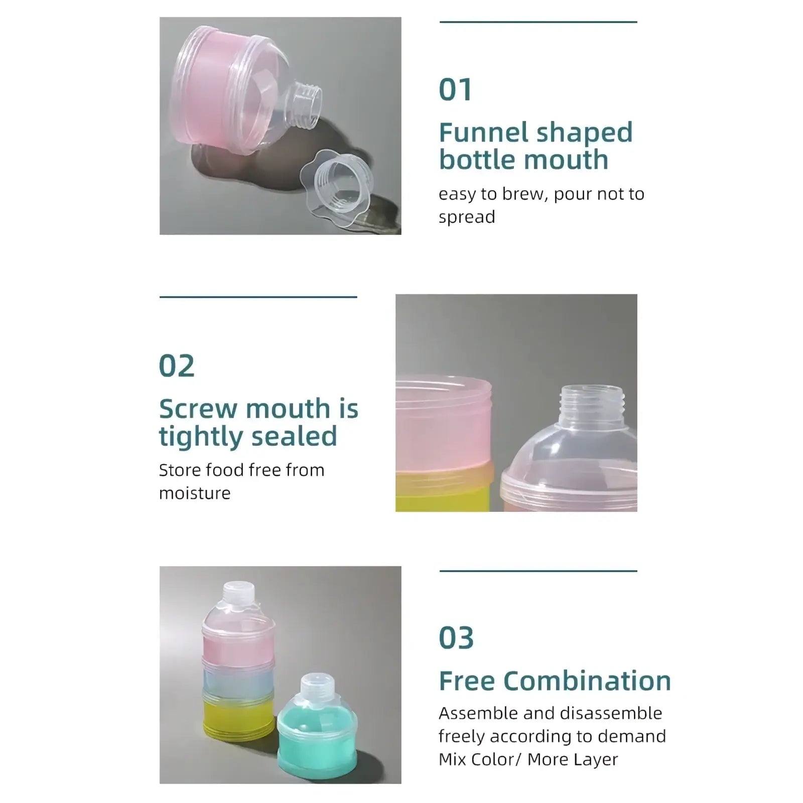 Pink translucent plastic 4 layer baby formula dispenser and snack container with screw-on lids for storage