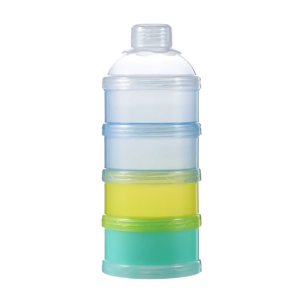 4 layer baby formula dispenser with stackable blue yellow green and teal translucent compartments and clear plastic lid