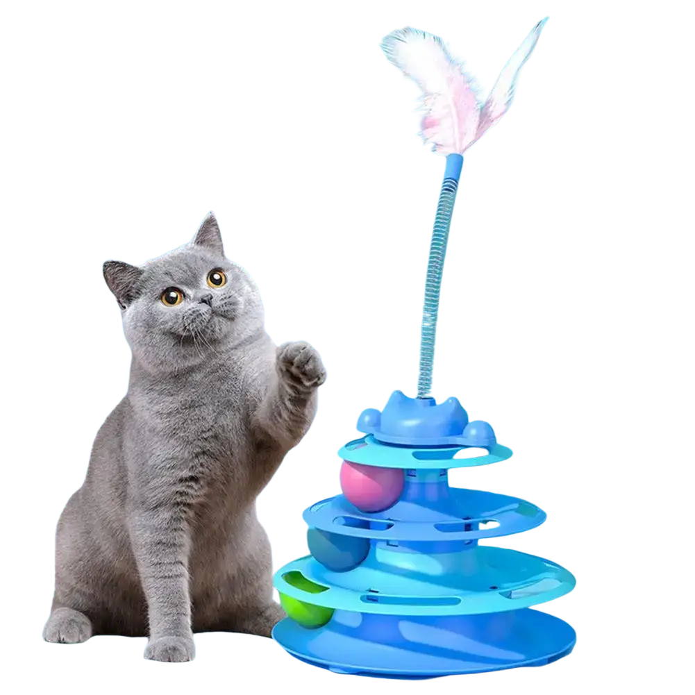 Blue plastic 4-level interactive cat toy tower with rotating roller balls and feather-tipped wand for playtime