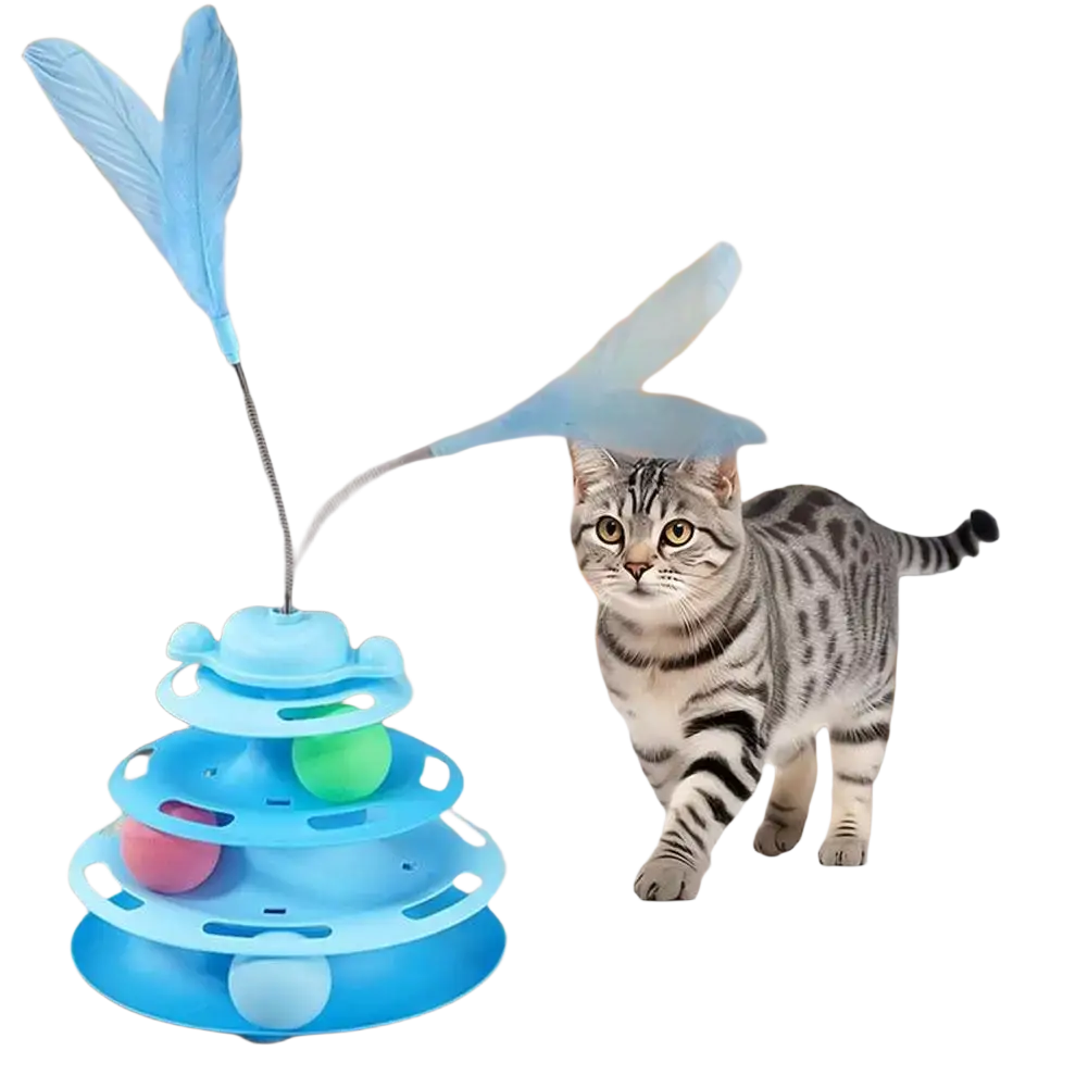 Blue plastic 4-level interactive cat toy tower with feather wand and colorful roller balls for pet play