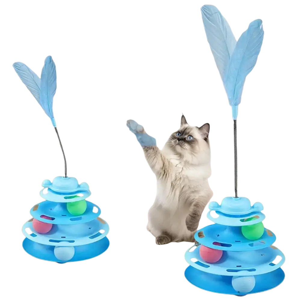 Blue plastic 4-level interactive cat toy tower with feathered wings and colorful roller balls for play and exercise