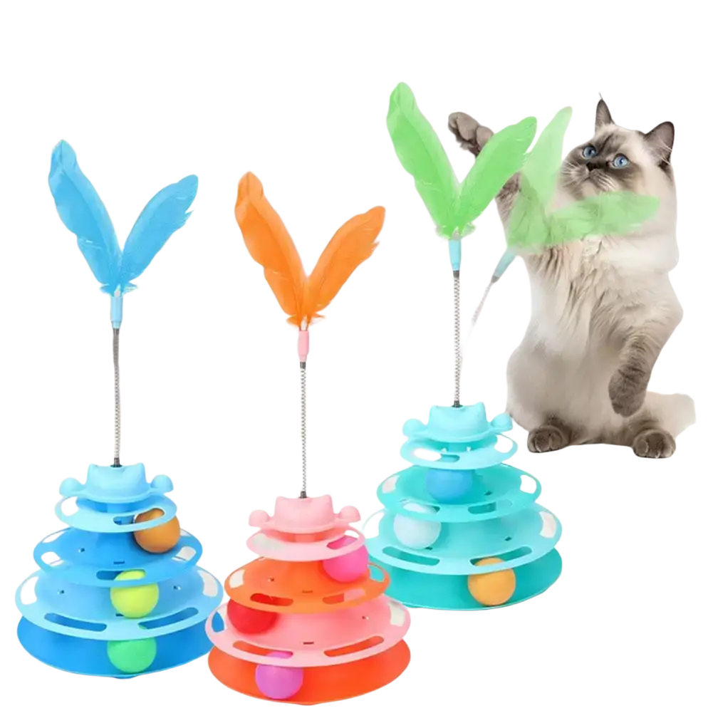 Colorful plastic 4-level interactive cat toy tower with feathered tops and multi-layer ball-filled turntable tiers