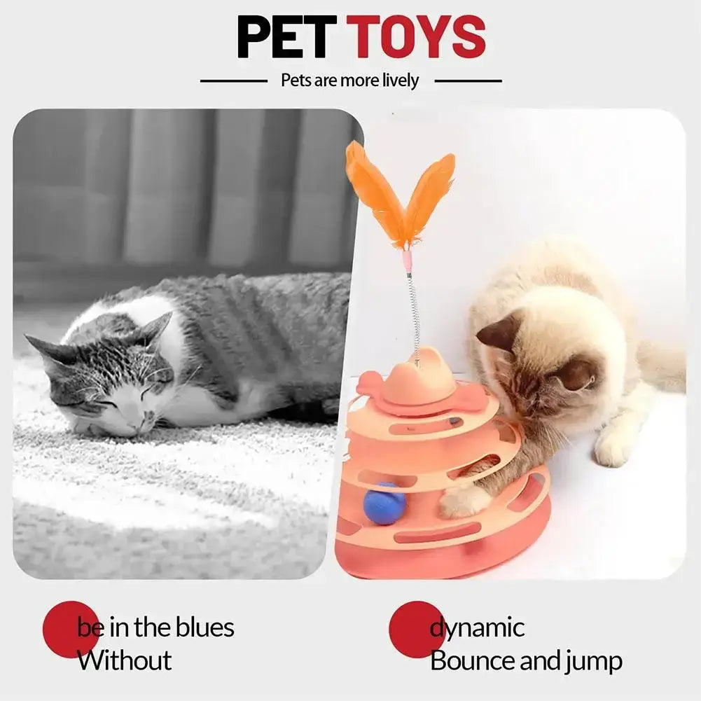 Orange feathered cat toy with blue balls on a multi-level plastic base in a 4-level interactive cat toy tower