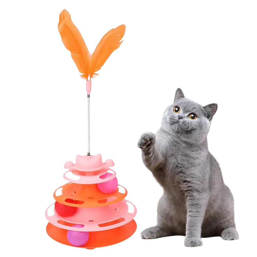 Orange and pink plastic 4-level interactive cat toy tower with roller balls and a feather on top for pet play