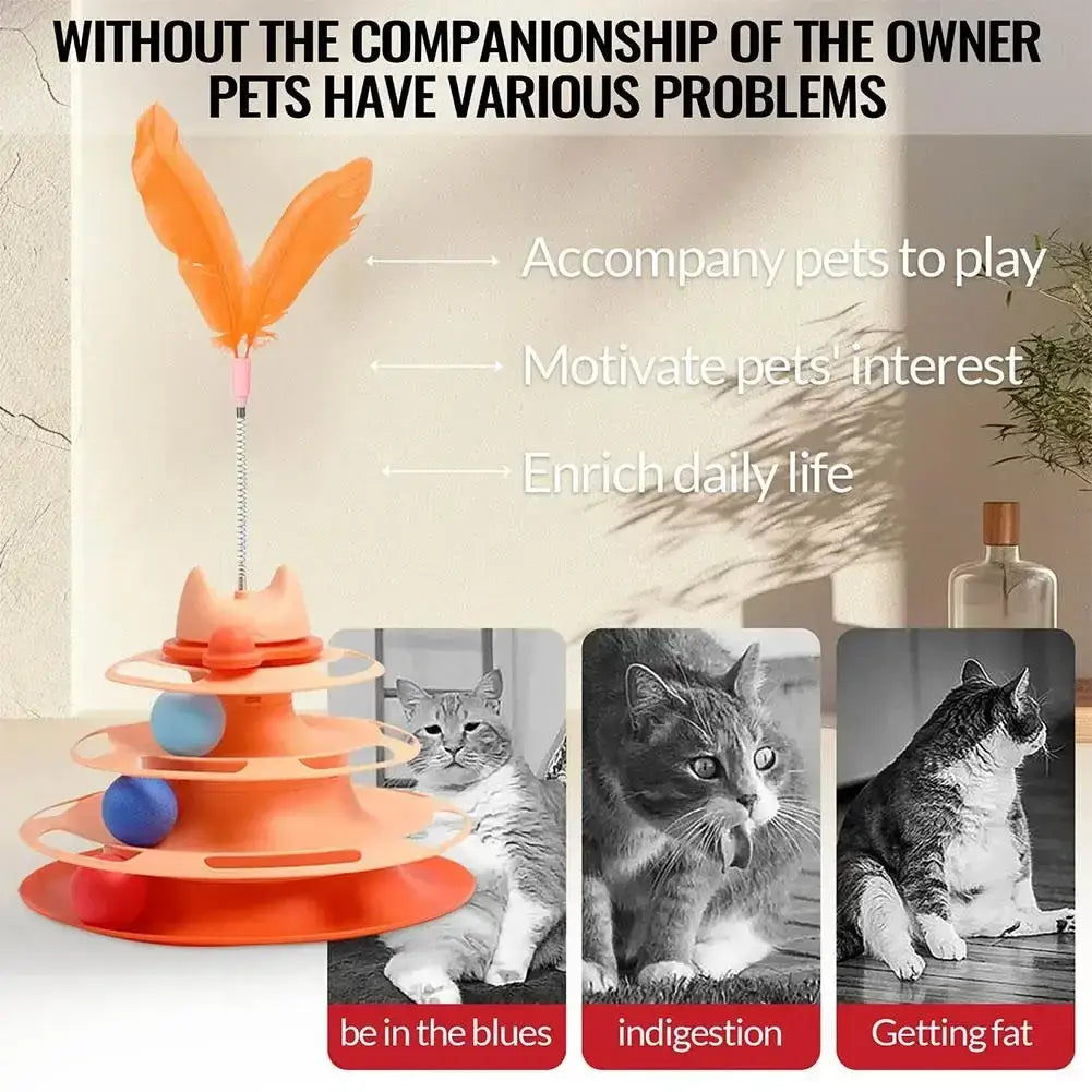 Orange plastic 4-level interactive cat toy tower with roller balls feather for engaging feline play