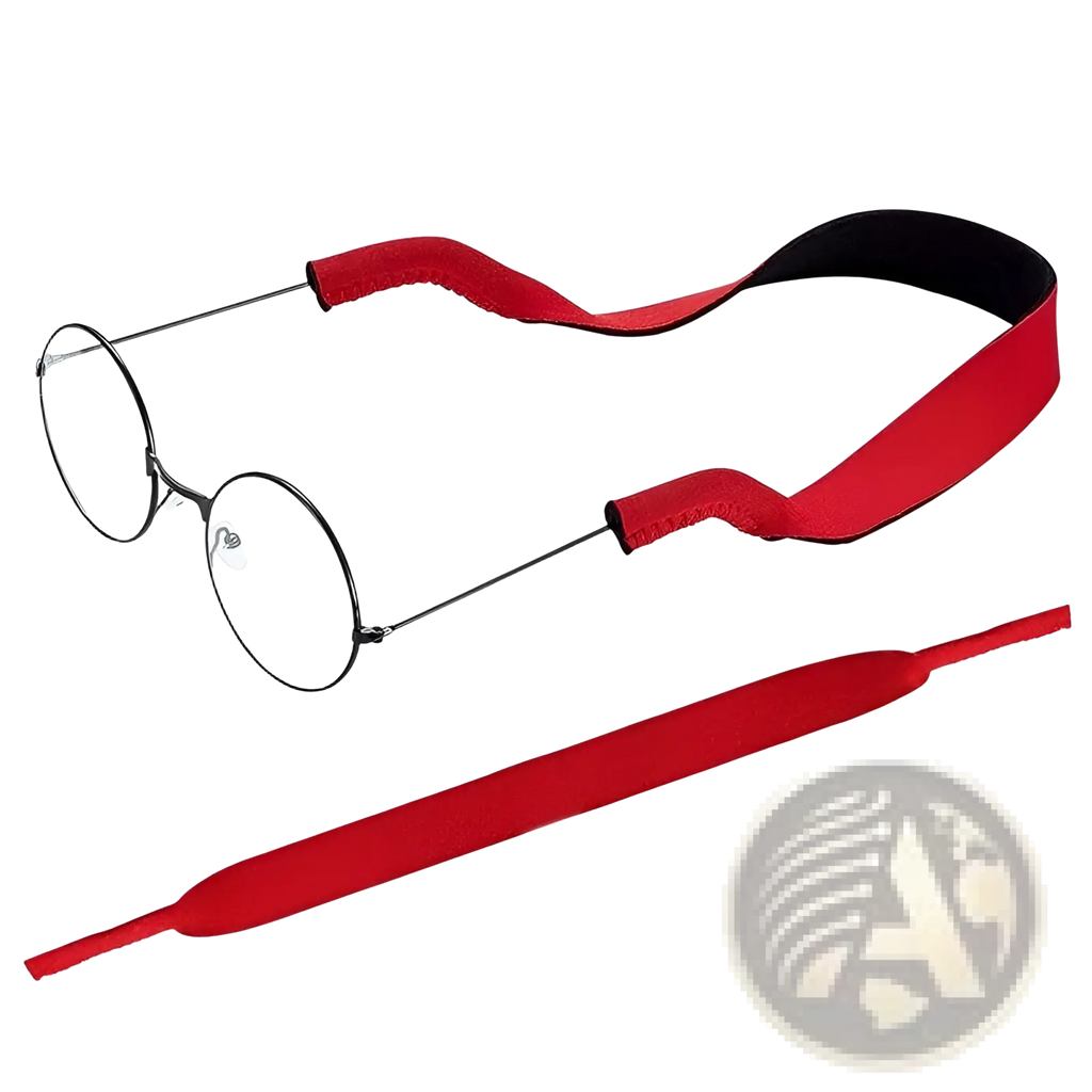 Red fabric adjustable sports sunglasses strap with black lining designed to secure round-framed eyewear
