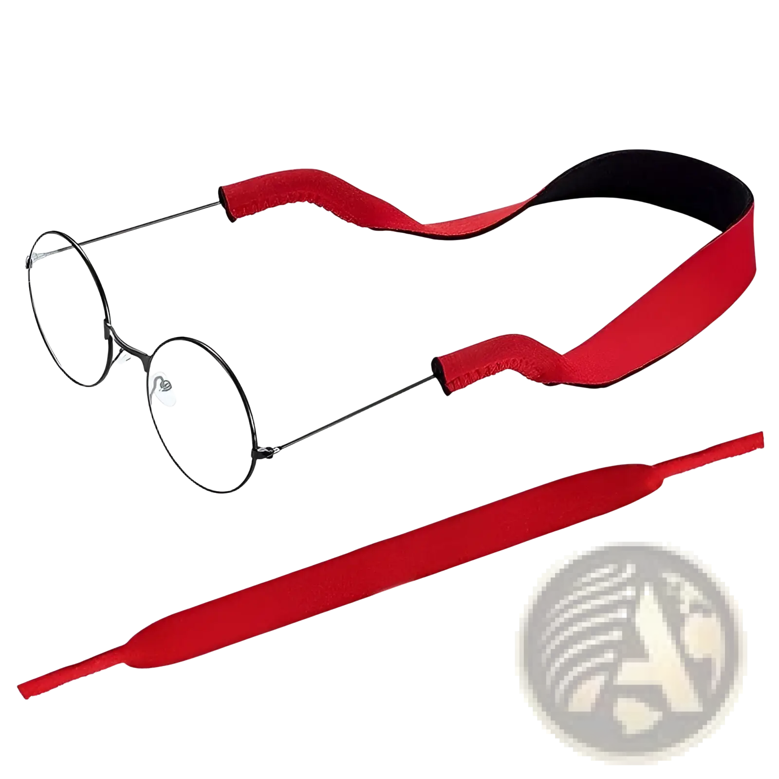 Red fabric adjustable sports sunglasses strap with black lining designed to secure round-framed eyewear
