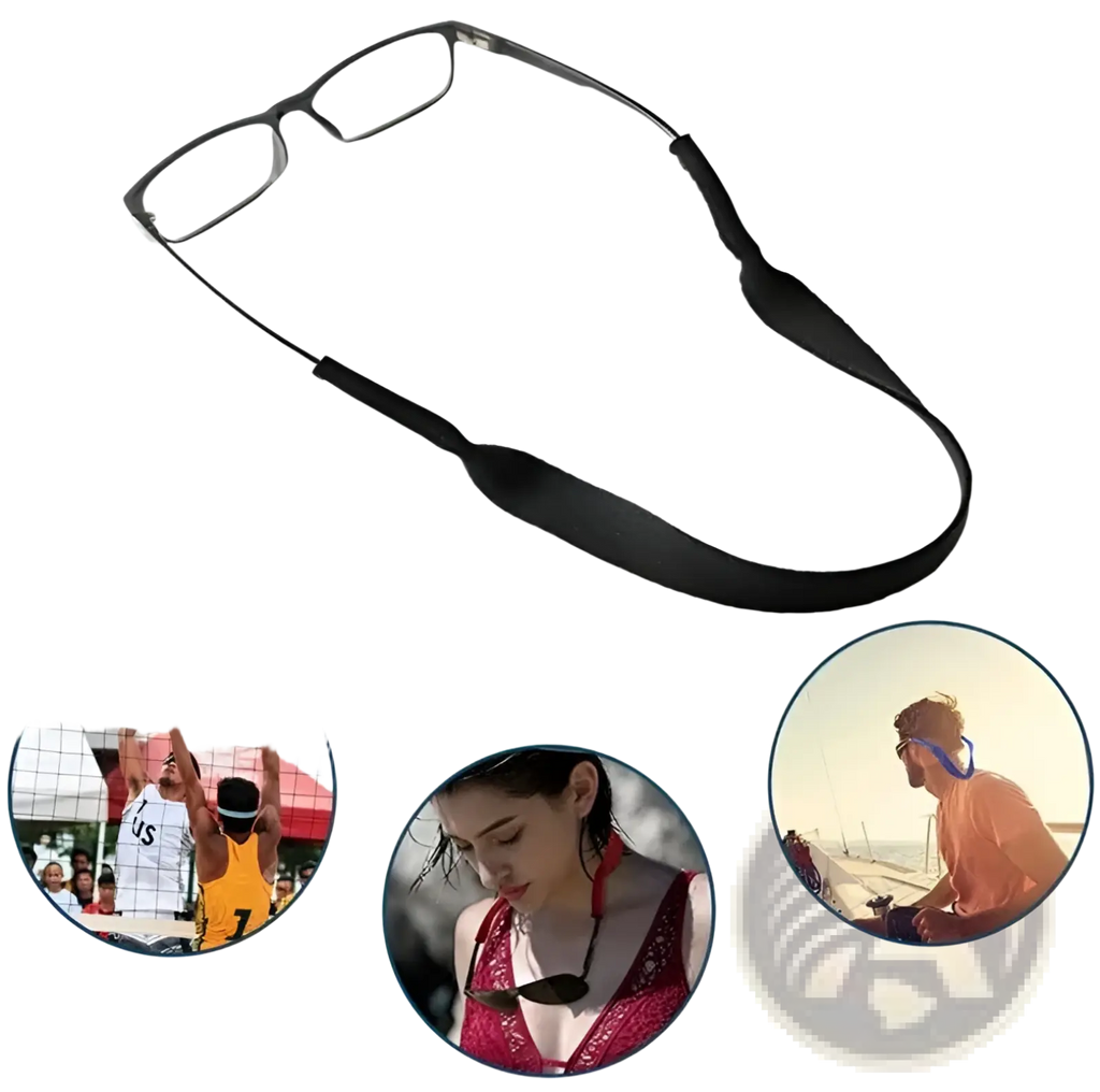 Black fabric eyeglass strap with elasticated ends for secure fit included in 4-pack adjustable sports sunglasses straps