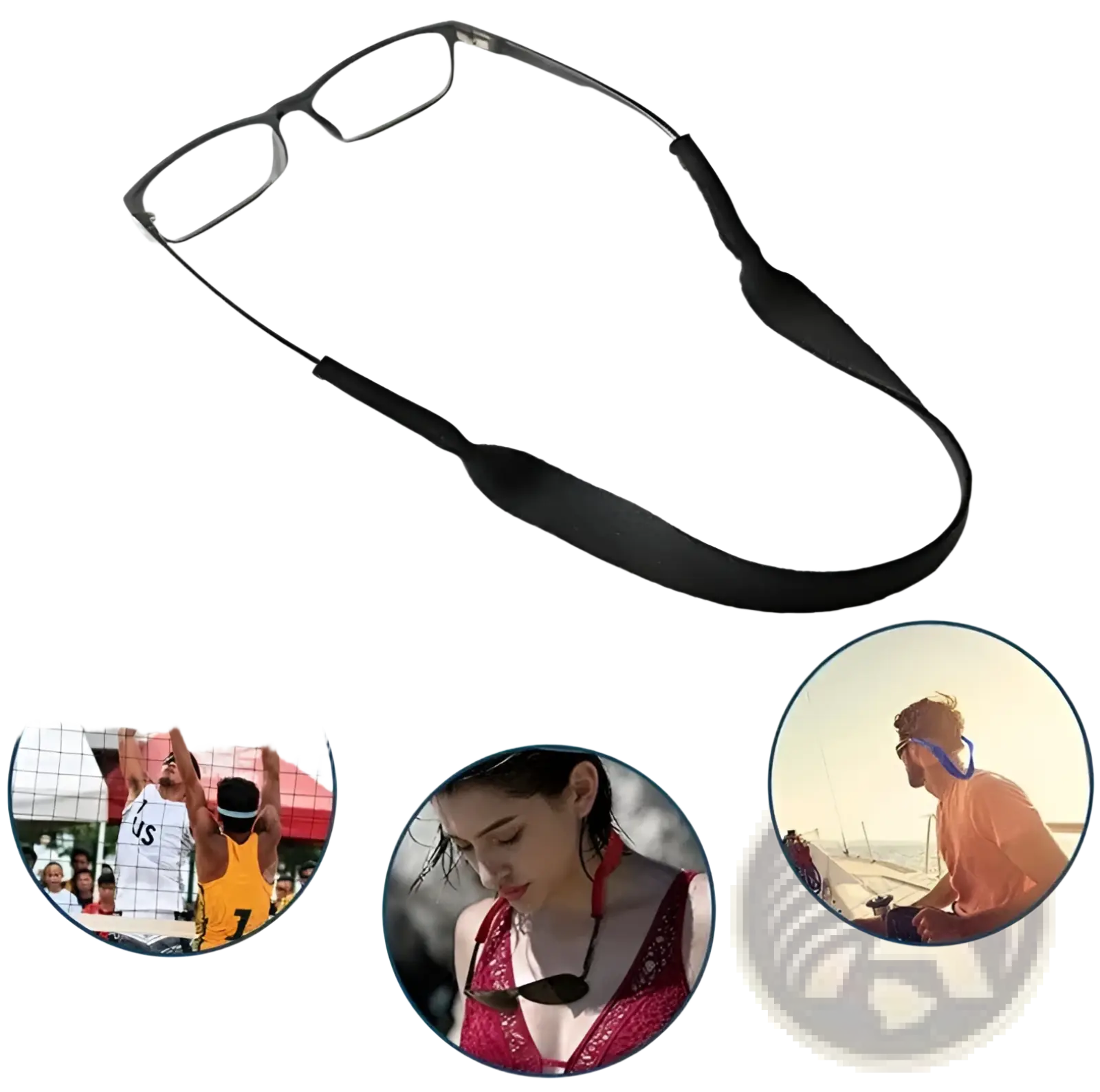Black fabric eyeglass strap with elasticated ends for secure fit included in 4-pack adjustable sports sunglasses straps