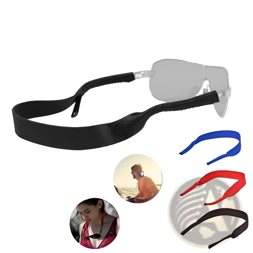 Black elasticated sunglasses strap with textured surface and adjustable ends from 4-pack adjustable sports eyewear lanyards