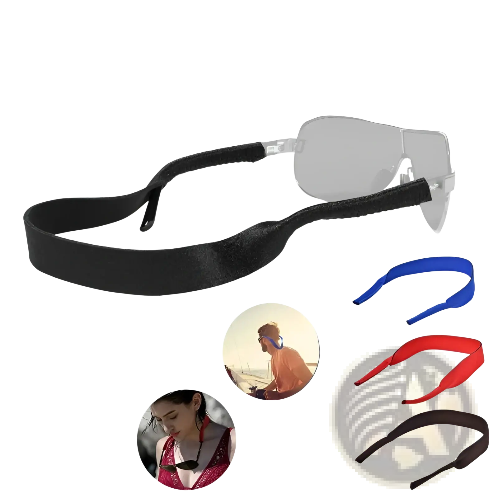 Black elasticated sunglasses strap with textured surface and adjustable ends from 4-pack adjustable sports eyewear lanyards