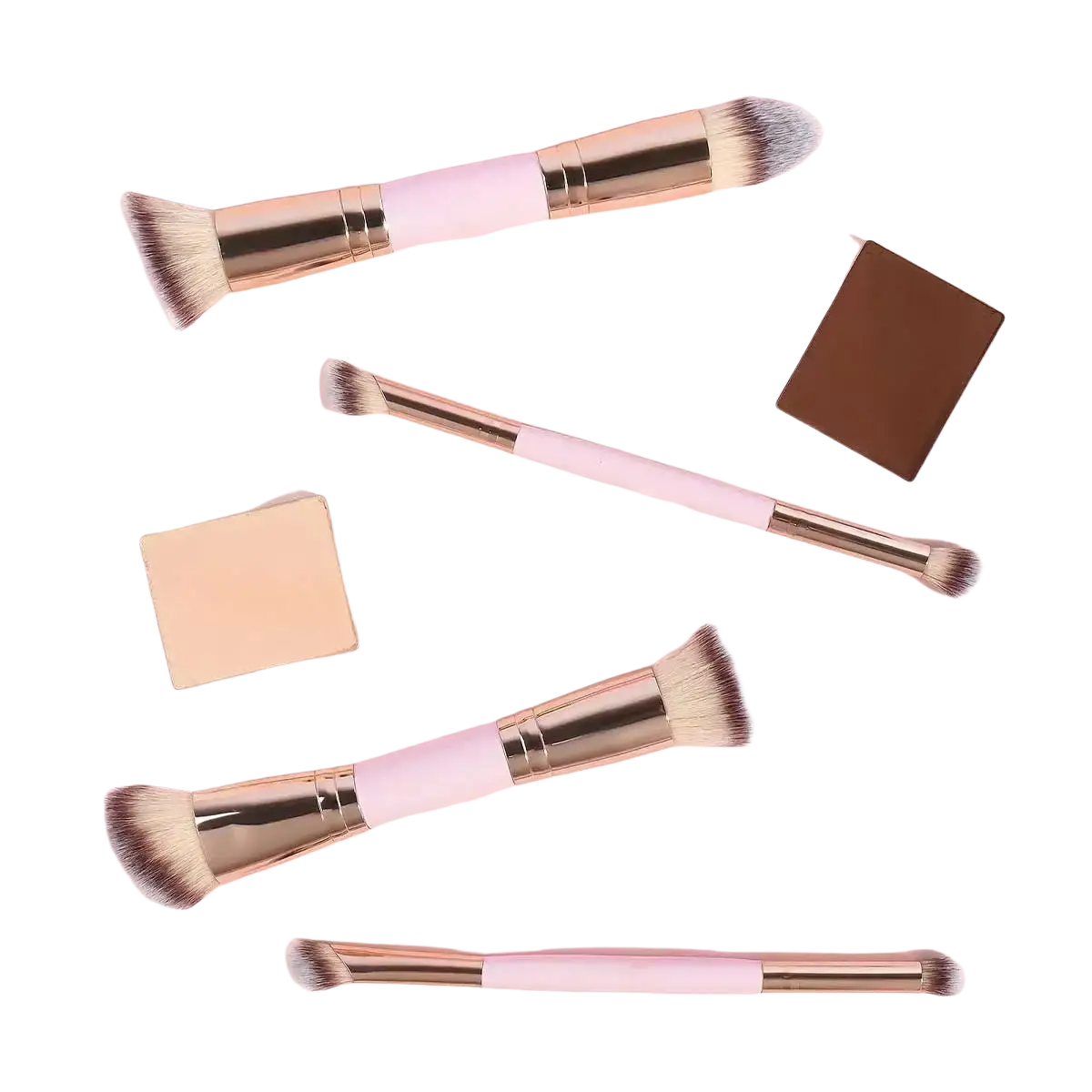 Set of five wool fiber makeup brushes with pale pink handles for basic makeup applications and precise makeup application