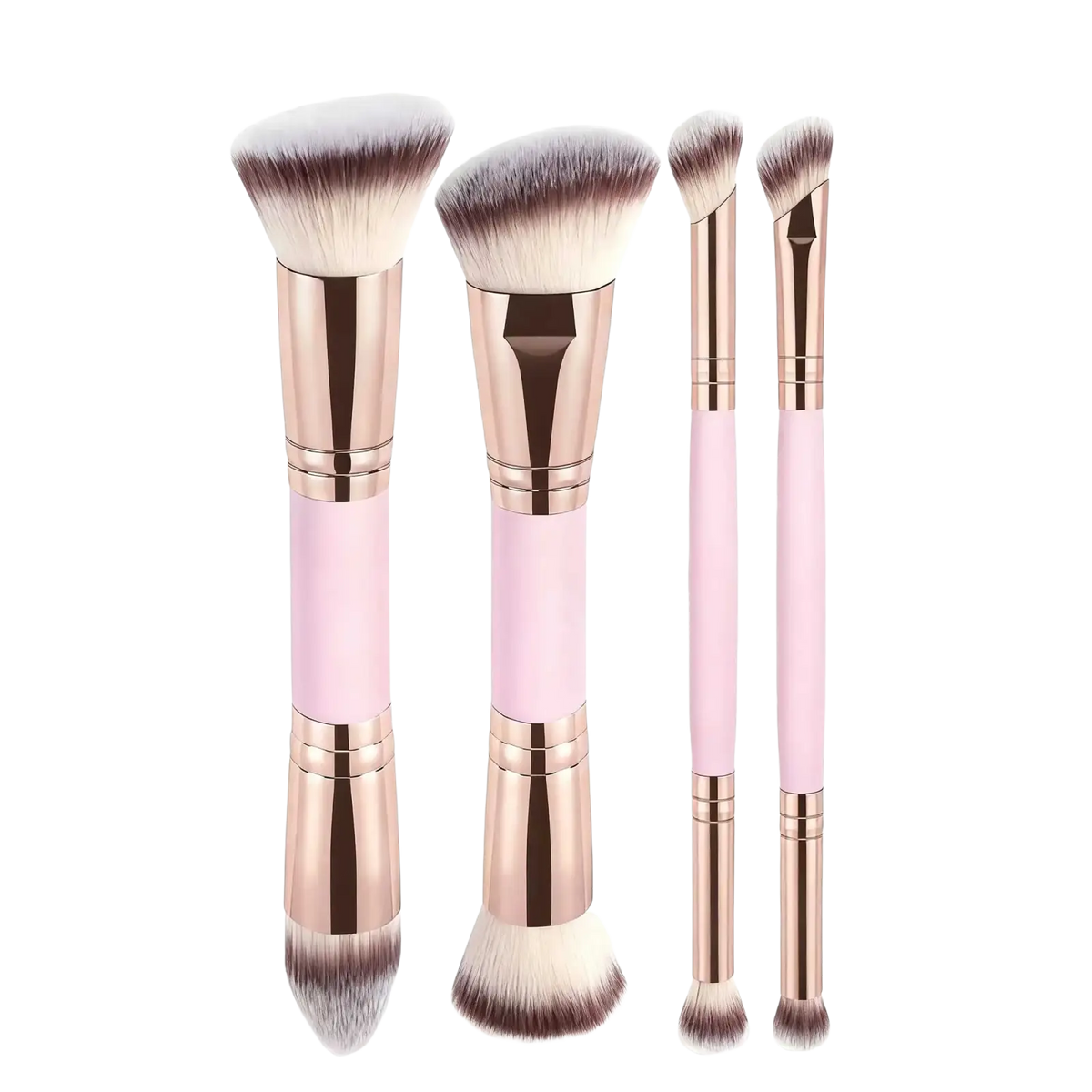 Set of four dual-ended wool fiber makeup brushes with soft white and brown bristles and pastel pink handles for basic makeup applications