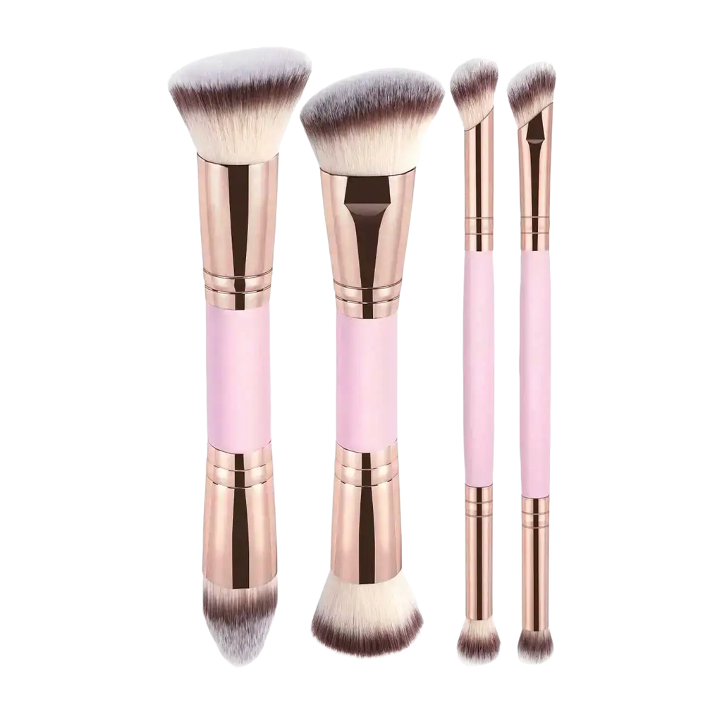 Set of four 4-piece dual-ended wool fiber makeup brushes with pastel pink handles for basic makeup applications