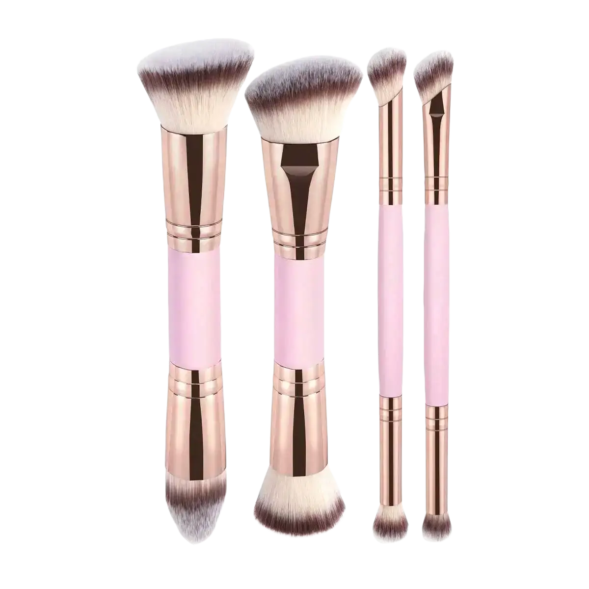 Set of four 4-piece dual-ended wool fiber makeup brushes with pastel pink handles for basic makeup applications