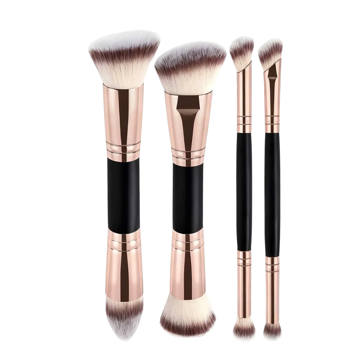 Set of four dual-ended wool fiber makeup brushes with rose gold black handles and soft white tipped brown bristles for basic makeup applications