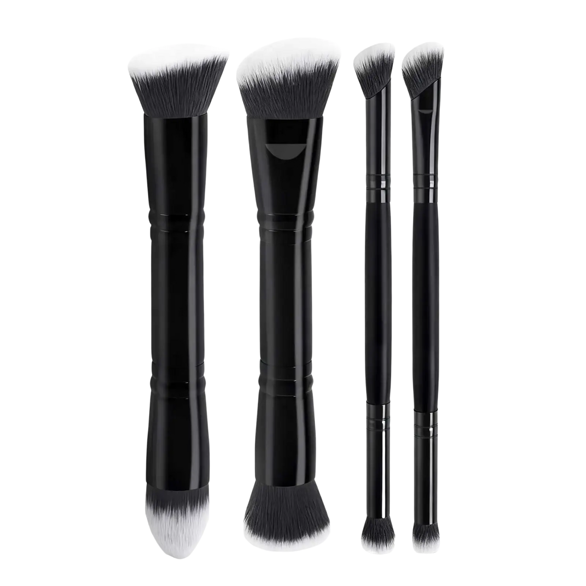 Set of four black dual-ended wool fiber makeup brushes with sleek handles for basic makeup applications