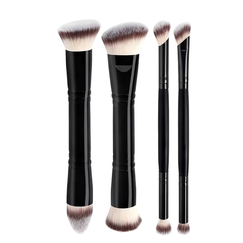 Set of four black-handled dual-ended wool fiber makeup brushes with soft gradient bristles for basic makeup applications