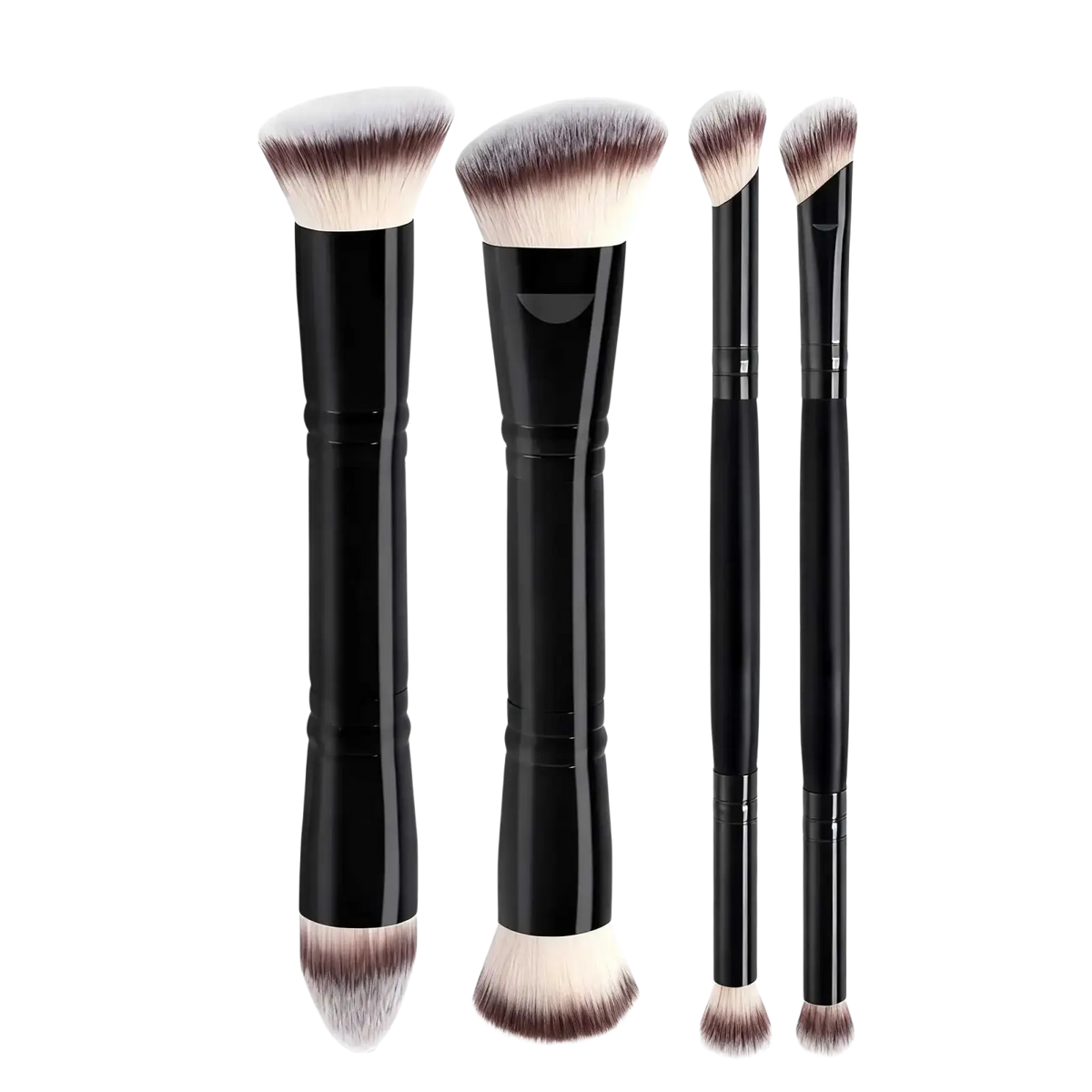 Set of four black-handled dual-ended wool fiber makeup brushes with soft gradient bristles for basic makeup applications
