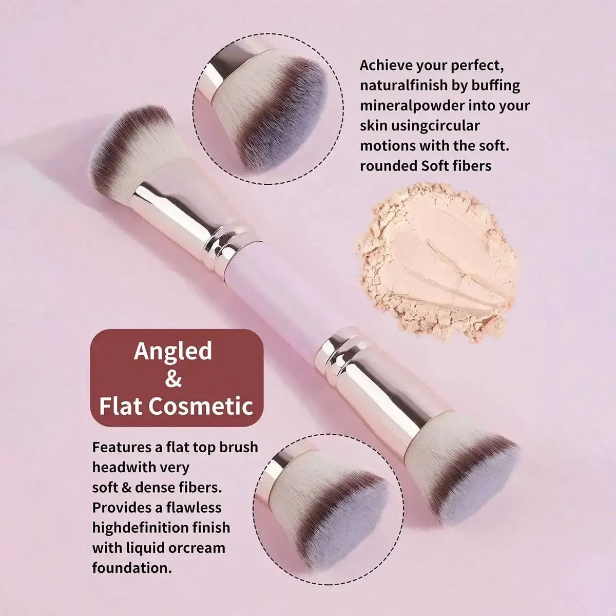 Pink-handled angled and flat wool fiber makeup brushes with silver ferrules for basic makeup applications